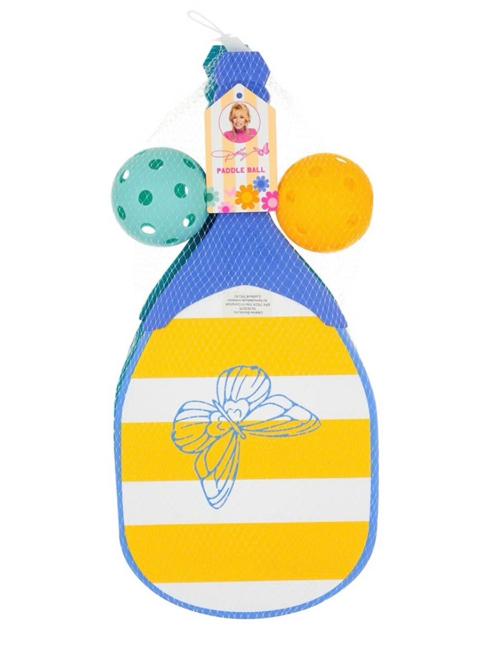 Dolly Parton Paddle Ball Set with Yellow & Blue Paddle and Green, Yellow Balls